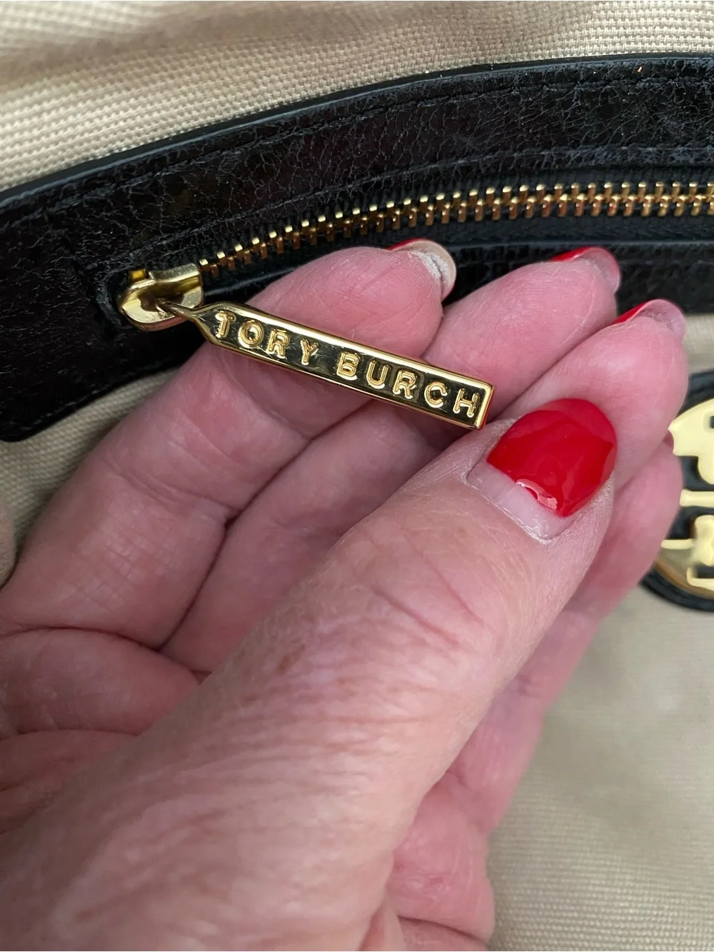 Tory Burch Black Leather Tote with Gold Emblem